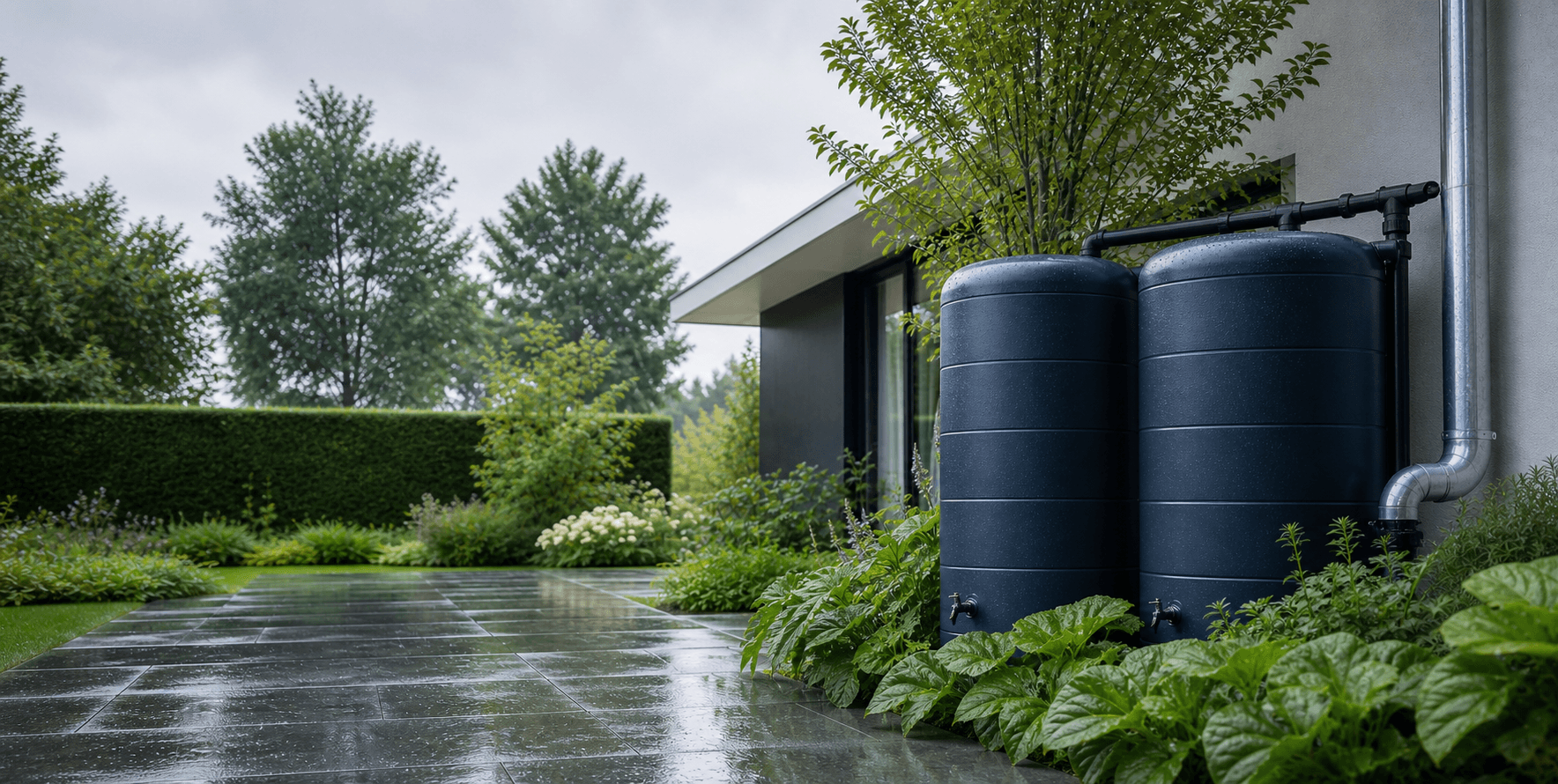 Twee gekoppelde regenwatertanks bij een moderne woning