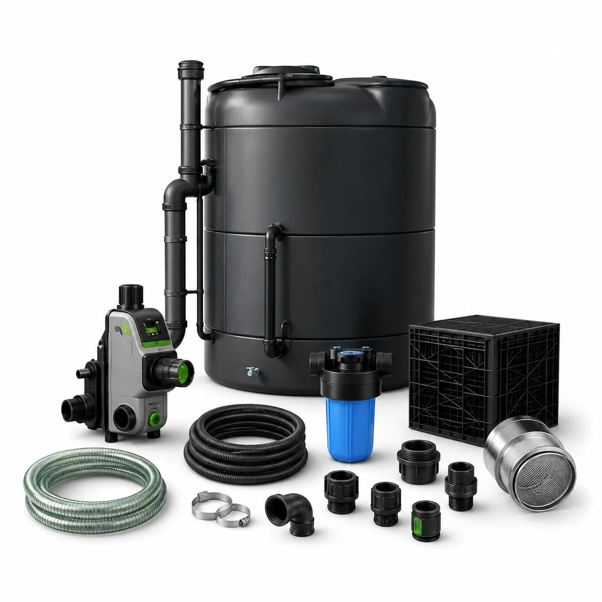 Compleet regenwatersysteem met tank, pomp, filter, slangen en koppelingen